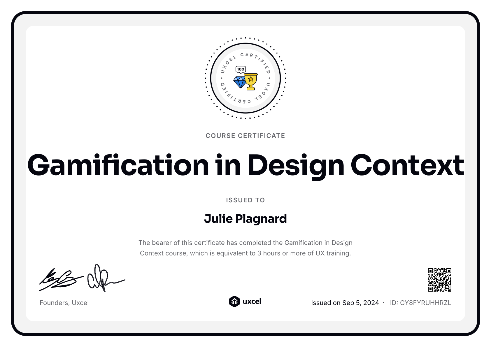 Julie Plagnard's certificate